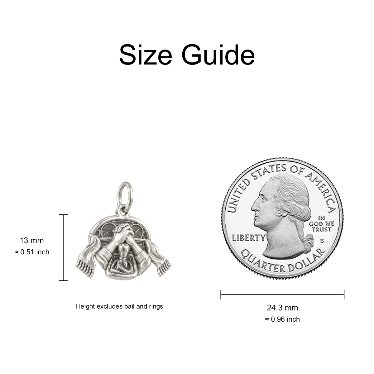 Two Hands on a Gearshift Charm — Size Guide — 13 mm body excluding bail and rings — 50-works-silver-20260916-139