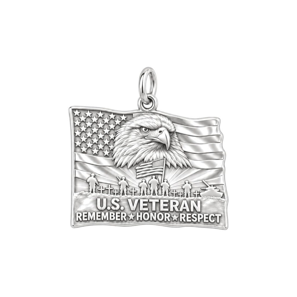 U.S. Veteran Honor Charm and Polyester Cord Bracelet Set – silver plated 3 cm charm, front view