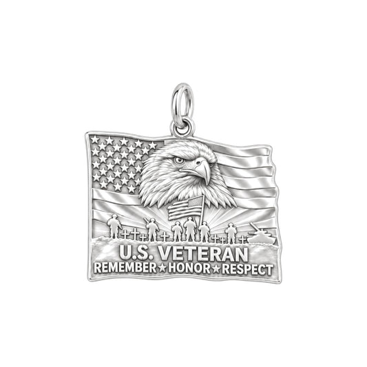 U.S. Veteran Honor Charm and Polyester Cord Bracelet Set – silver plated 3 cm charm, front view