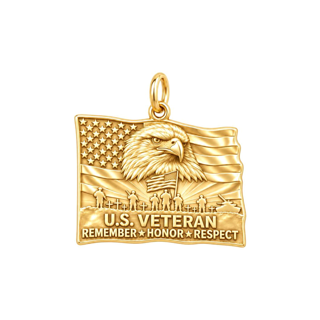 U.S. Veteran Honor Charm and Polyester Cord Bracelet Set – 18K gold plated 3 cm charm, front view