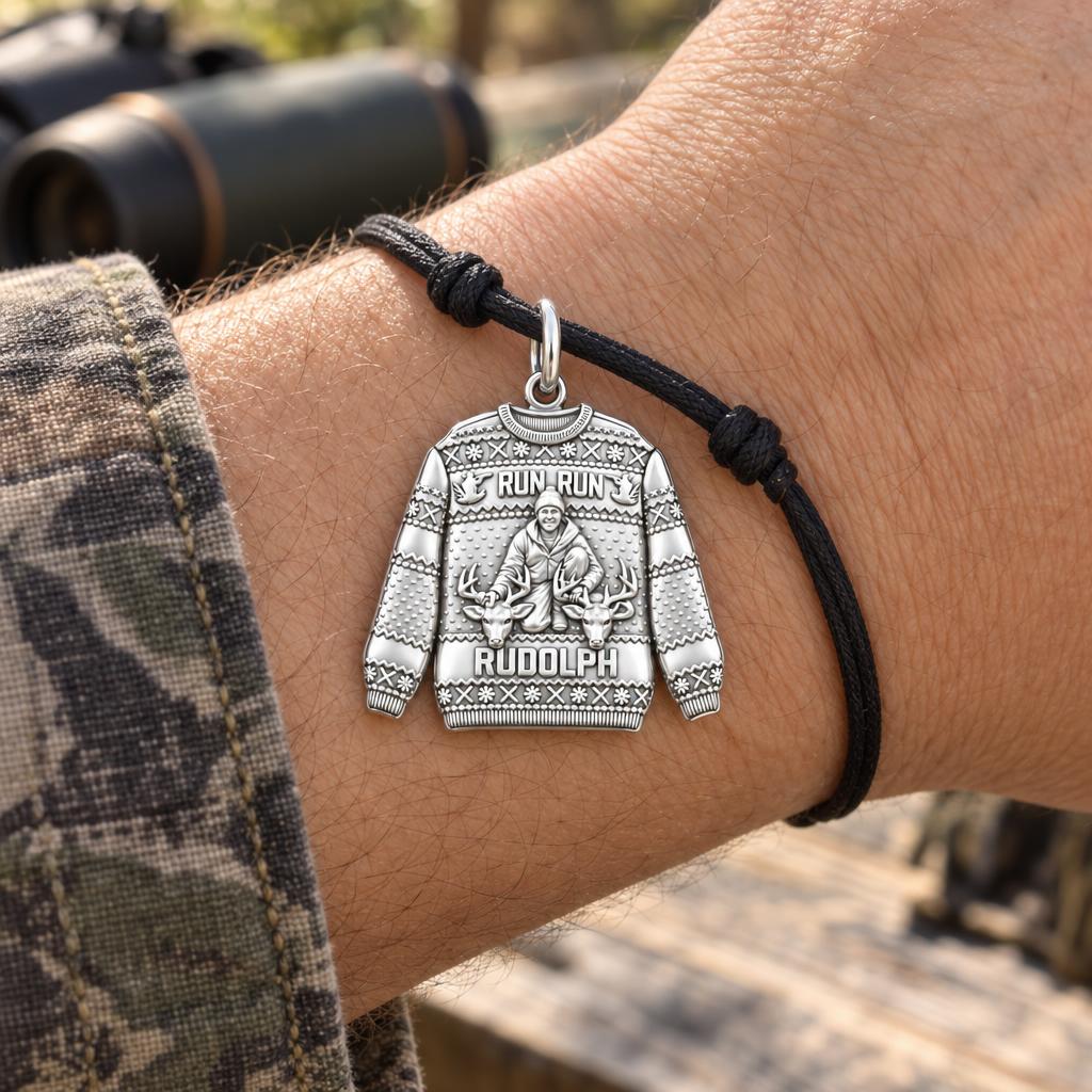 Ugly Hunting Sweater Charm Bracelet – Personalized Hunter Gift – worn on the wrist on a black cord bracelet