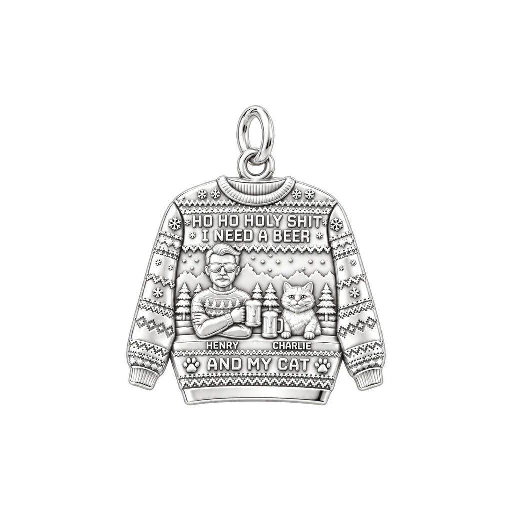 Ugly Sweater Beer And Cat Charm Bracelet – Personalized Gift – silver plated 3 cm charm, front view