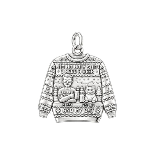 Ugly Sweater Beer And Cat Charm Bracelet – Personalized Gift – silver plated 2 cm charm, front view
