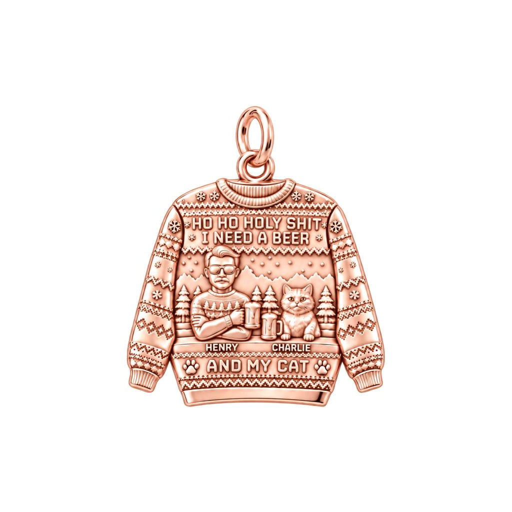 Ugly Sweater Beer And Cat Charm Bracelet – Personalized Gift – rose gold 3 cm charm, front view