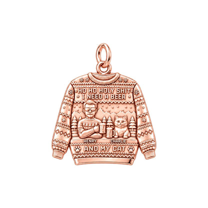 Ugly Sweater Beer And Cat Charm Bracelet – Personalized Gift – rose gold 3 cm charm, front view