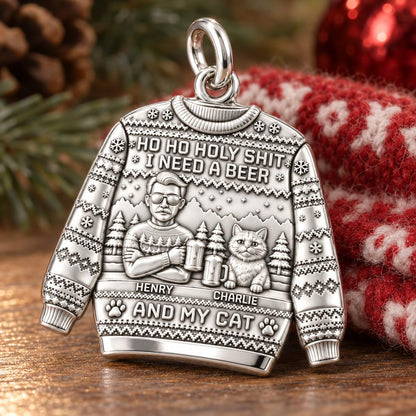 Ugly Sweater Beer And Cat Charm Bracelet – Personalized Gift – macro detail of the charm