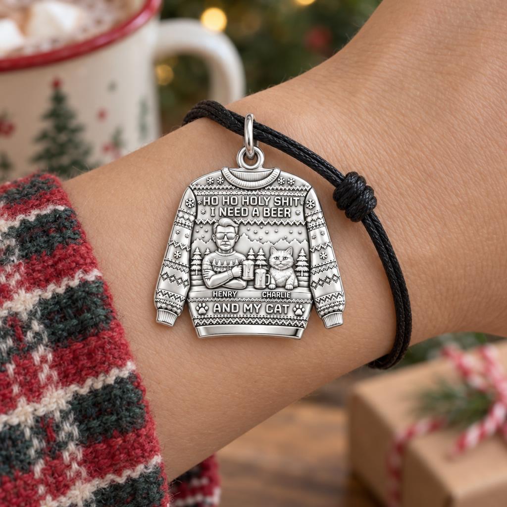 Ugly Sweater Beer And Cat Charm Bracelet – Personalized Gift – worn on the wrist on a black cord bracelet