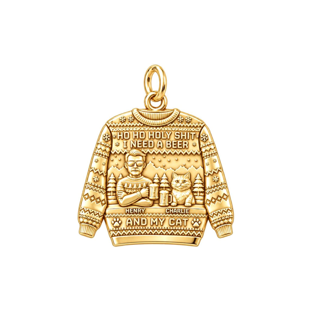 Ugly Sweater Beer And Cat Charm Bracelet – Personalized Gift – 18K gold plated 3 cm charm, front view