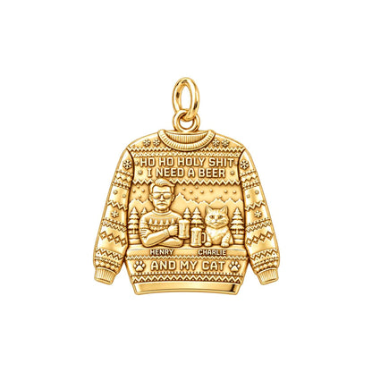 Ugly Sweater Beer And Cat Charm Bracelet – Personalized Gift – 18K gold plated 3 cm charm, front view