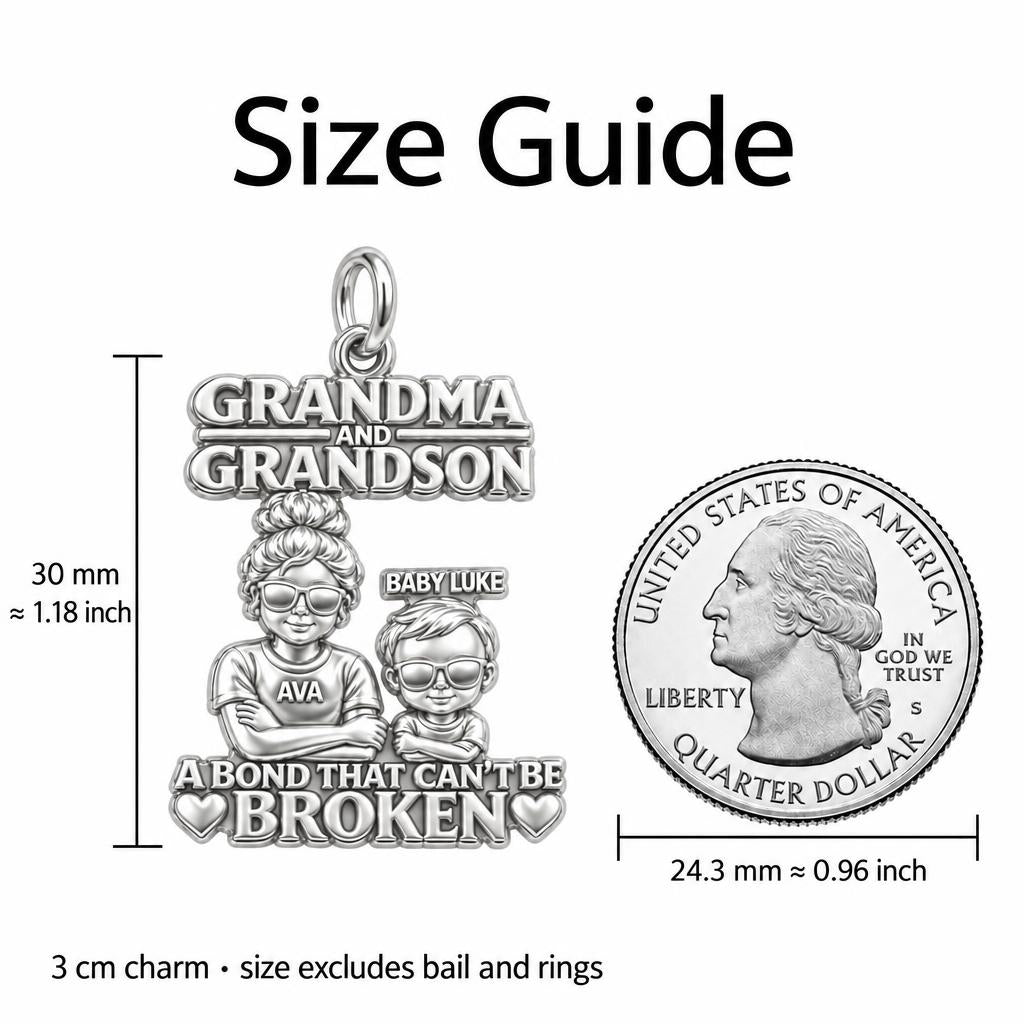 Unbreakable Bond Charm Bracelet – Personalized Grandma Gift – size guide, 3 cm charm next to a quarter