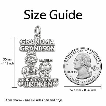 Unbreakable Bond Charm Bracelet – Personalized Grandma Gift – size guide, 3 cm charm next to a quarter