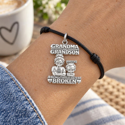 Unbreakable Bond Charm Bracelet – Personalized Grandma Gift – worn on the wrist on a black cord bracelet
