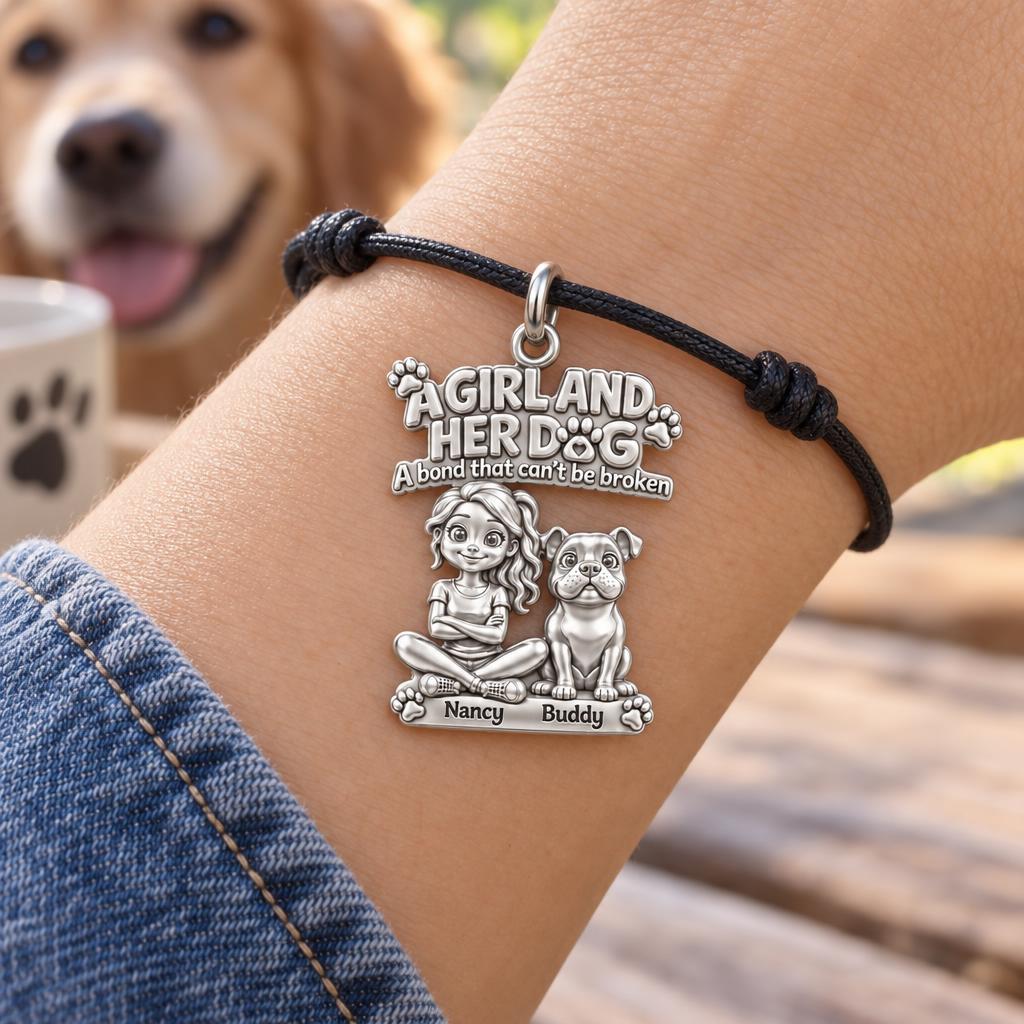 Unbroken Bond Charm Bracelet – Personalized Dog Mom Gift – worn on the wrist on a black cord bracelet