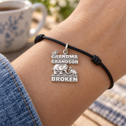 Unbroken Bond Elephant Charm Bracelet – Personalized Nana Gift – worn on the wrist on a black cord bracelet
