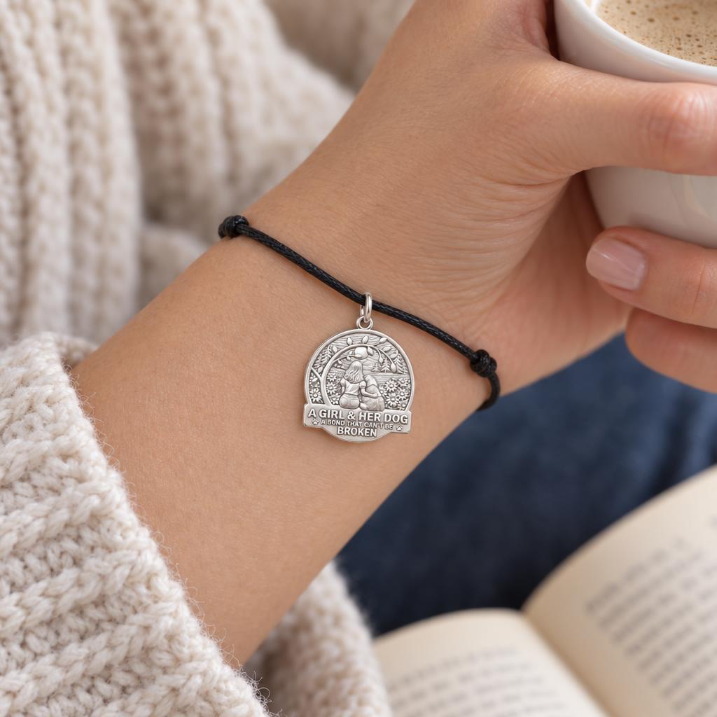 Unbroken Bond Meadow Charm and Polyester Cord Bracelet Set – worn on the wrist on a black cord bracelet
