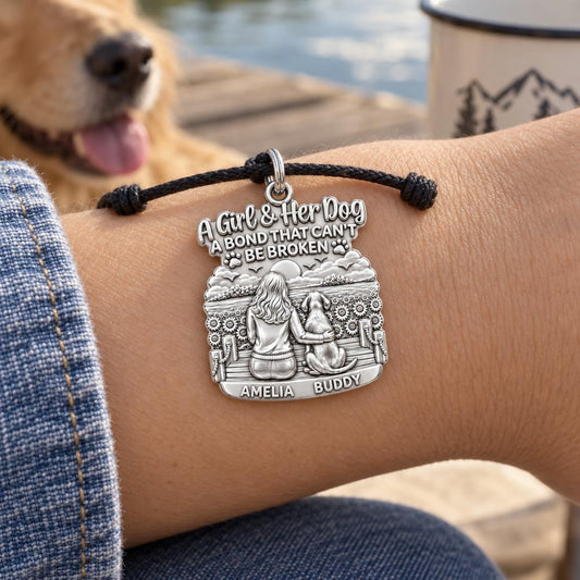 Unbroken Bond Pier Charm Bracelet – Personalized Dog Mom Gift – worn on the wrist on a black cord bracelet