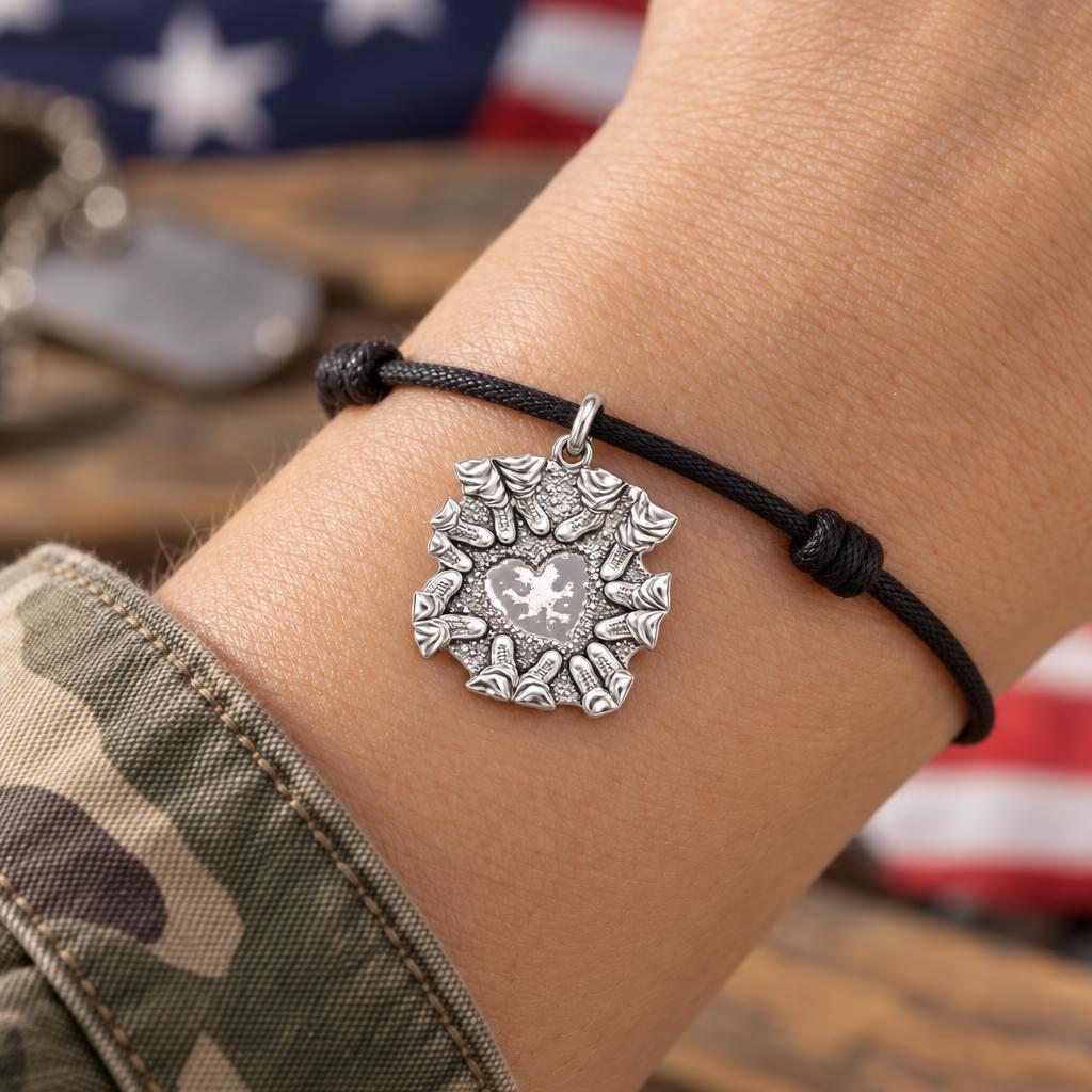United Boots Heart Charm Bracelet – Personalized Veteran Gift – worn on the wrist on a black cord bracelet