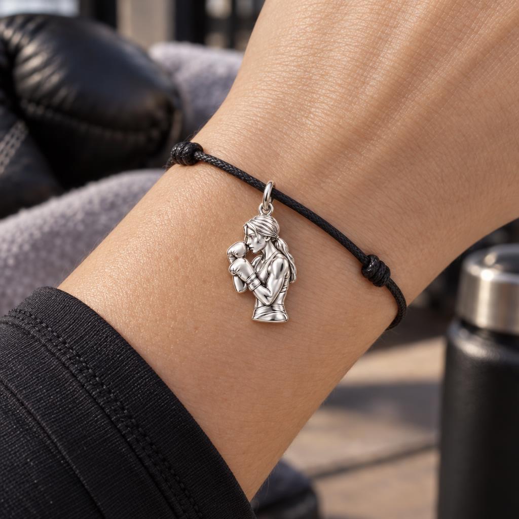 Upload Photo Boxer Charm Bracelet – Personalized Athlete Gift – worn on the wrist on a black cord bracelet