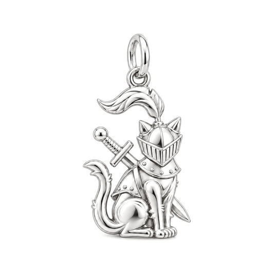 Valiant Cat Knight Charm Bracelet – Personalized Cat Mom Gift – silver charm, front view