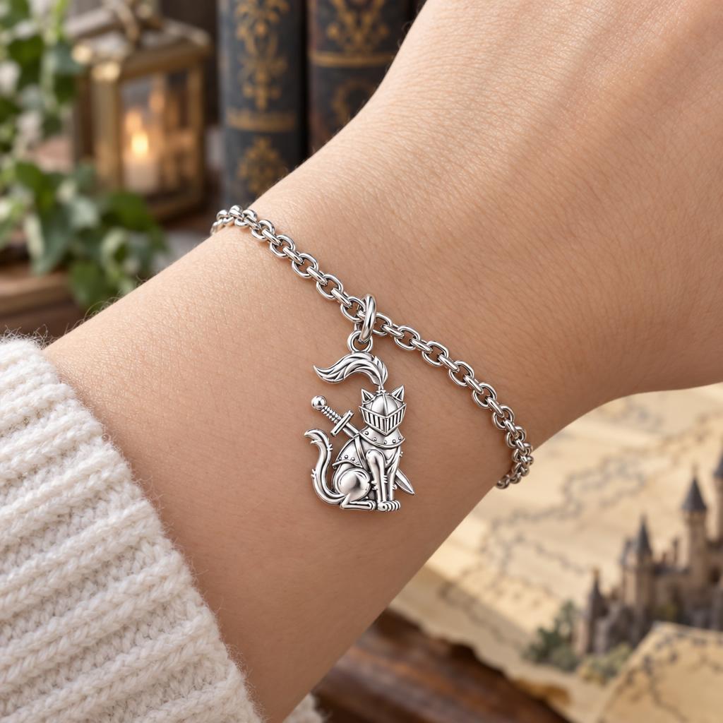 Valiant Cat Knight Charm Bracelet Set – worn / in use