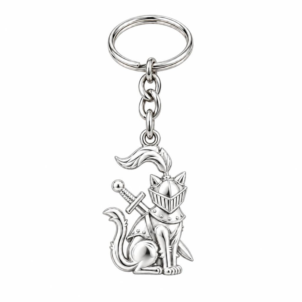 Valiant Cat Knight Charm Keychain – silver, front view