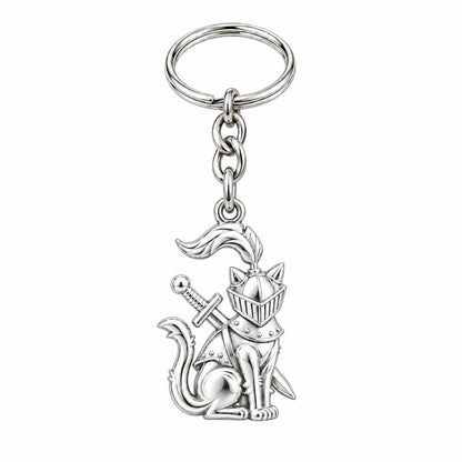 Valiant Cat Knight Charm Keychain – silver, front view
