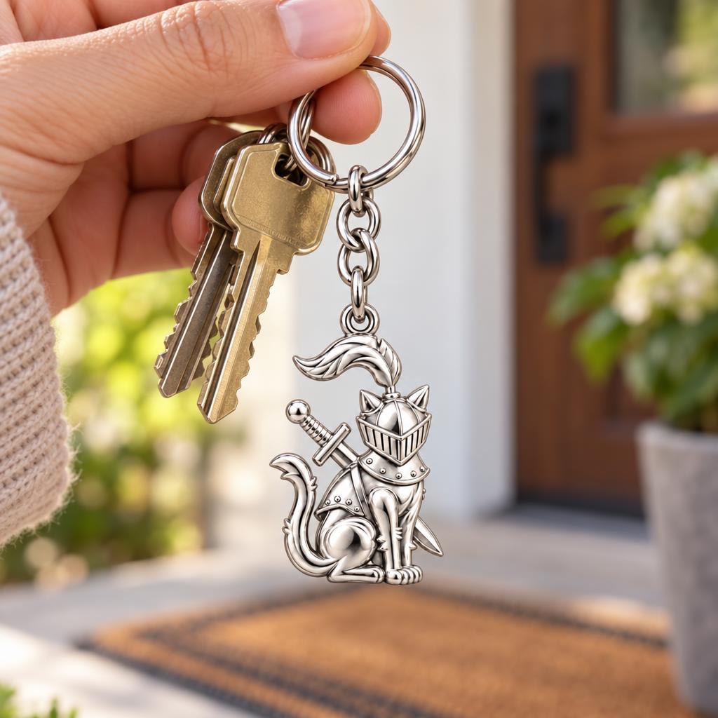 Valiant Cat Knight Charm Keychain – worn / in use