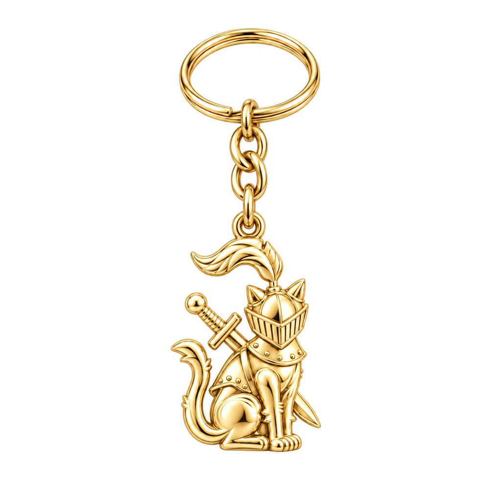 Valiant Cat Knight Charm Keychain – 18K gold, front view