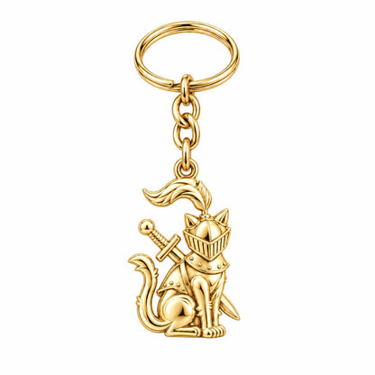 Valiant Cat Knight Charm Keychain – 18K gold, front view
