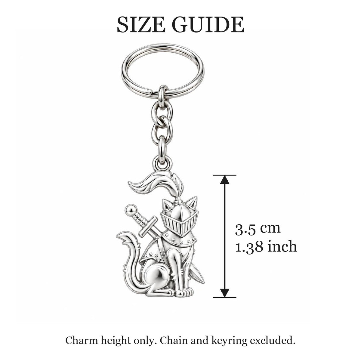 Valiant Cat Knight Charm Keychain – size guide, 3.5 cm (1.38 in) charm, chain and keyring excluded