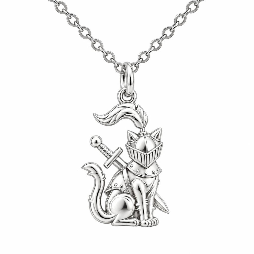 Valiant Cat Knight Charm Necklace Set – silver, front view