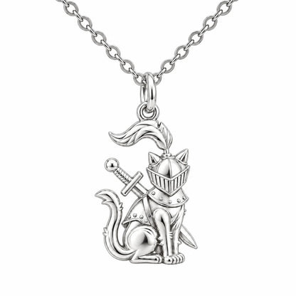 Valiant Cat Knight Charm Necklace Set – silver, front view