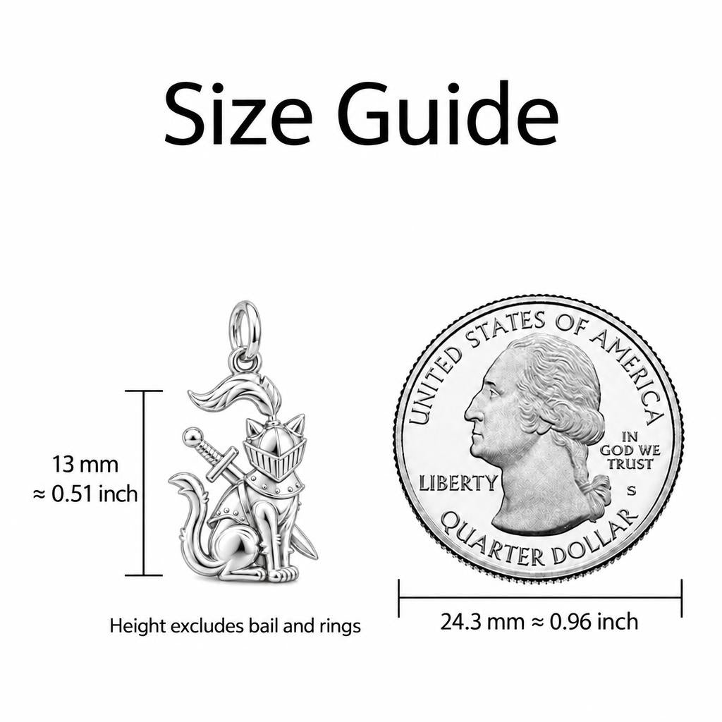 Valiant Cat Knight Charm Necklace Set – size guide, 13 mm charm next to a quarter