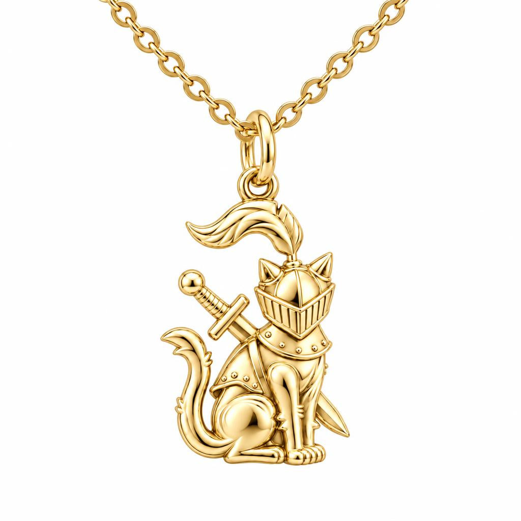 Valiant Cat Knight Charm Necklace Set – 18K gold, front view