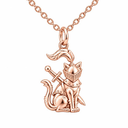 Valiant Cat Knight Charm Necklace Set – rose gold, front view