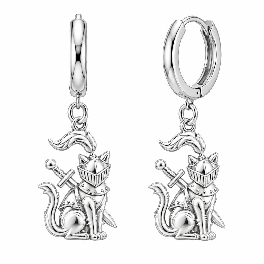Valiant Cat Knight Huggie Charm Earrings – silver, front view