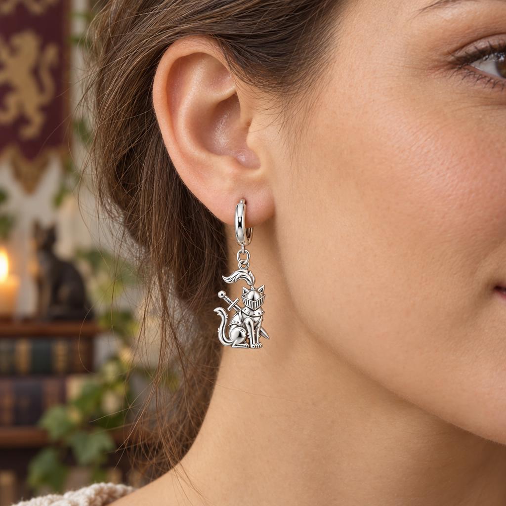 Valiant Cat Knight Huggie Charm Earrings – worn / in use