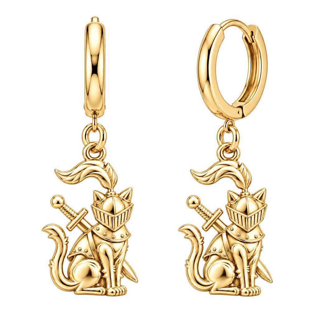 Valiant Cat Knight Huggie Charm Earrings – 18K gold, front view