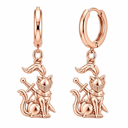 Valiant Cat Knight Huggie Charm Earrings – rose gold, front view