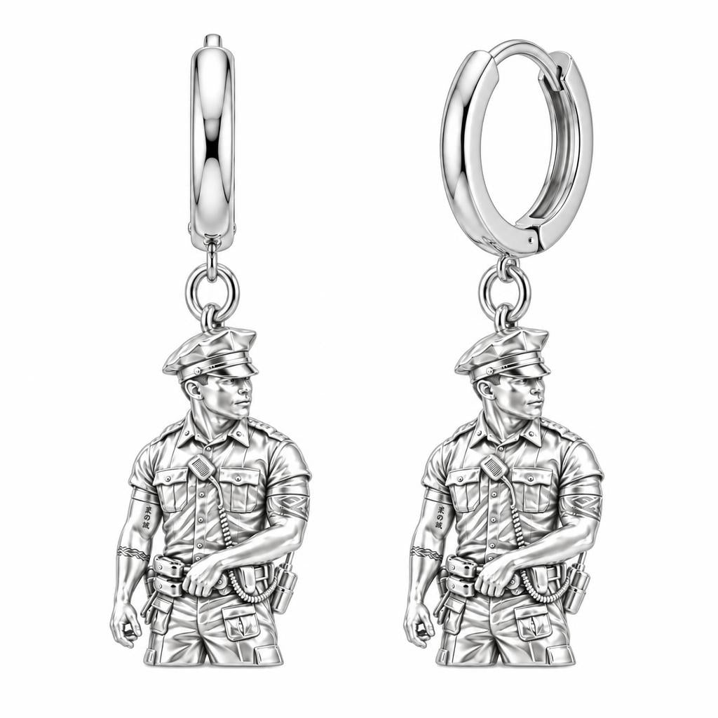 Valiant Hero in Uniform Huggie Charm Earrings – silver, front view