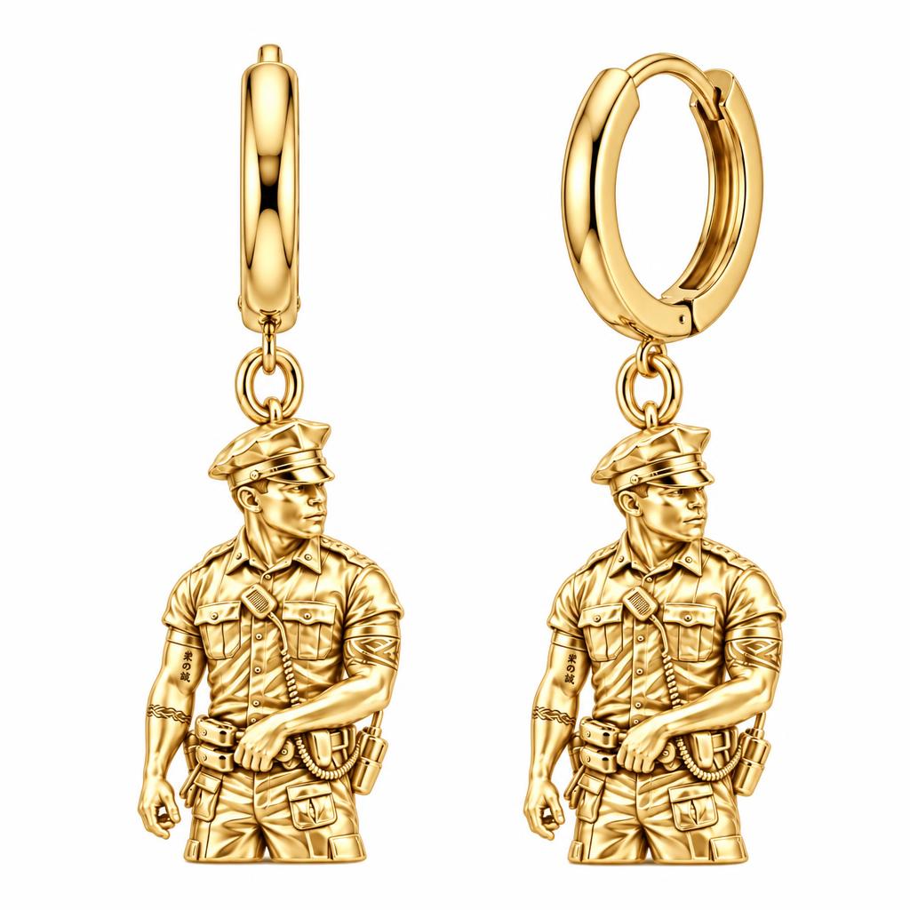 Valiant Hero in Uniform Huggie Charm Earrings – 18K gold, front view