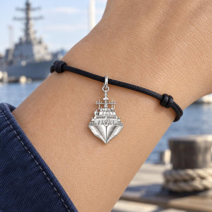 Valiant Navy Destroyer Charm Bracelet – Personalized Veteran Gift – worn on the wrist on a black cord bracelet