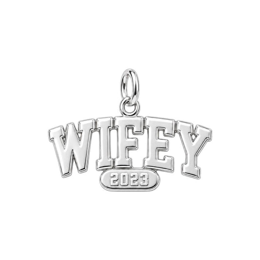 Varsity Wifey Charm Bracelet – Personalized Couple Gift – silver plated 2 cm charm, front view