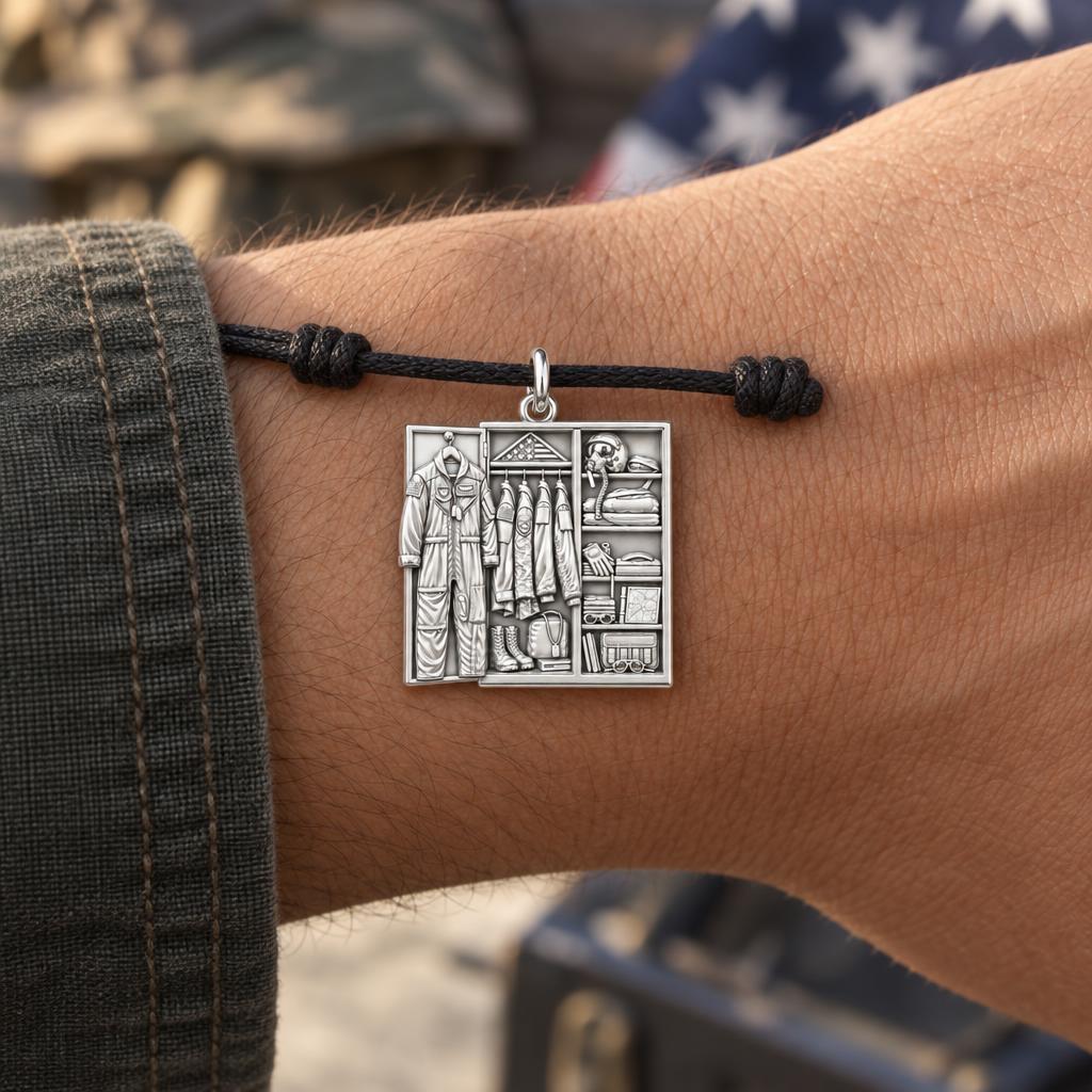 Veteran's Locker Charm Bracelet – Personalized Veteran Gift – worn on the wrist on a black cord bracelet