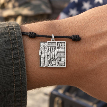 Veteran's Locker Charm Bracelet – Personalized Veteran Gift – worn on the wrist on a black cord bracelet
