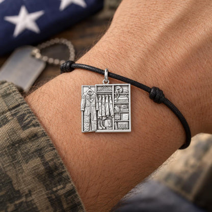 Veteran's Locker Charm Bracelet – Personalized Veteran Gift – worn on the wrist on a black cord bracelet