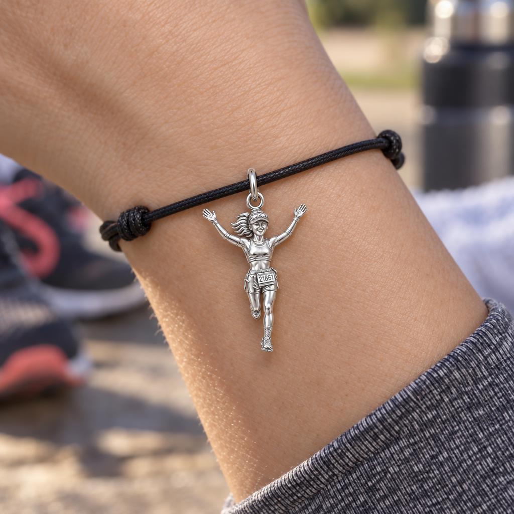 Victory Finish Line Charm Bracelet – Personalized Runner Gift – worn on the wrist on a black cord bracelet