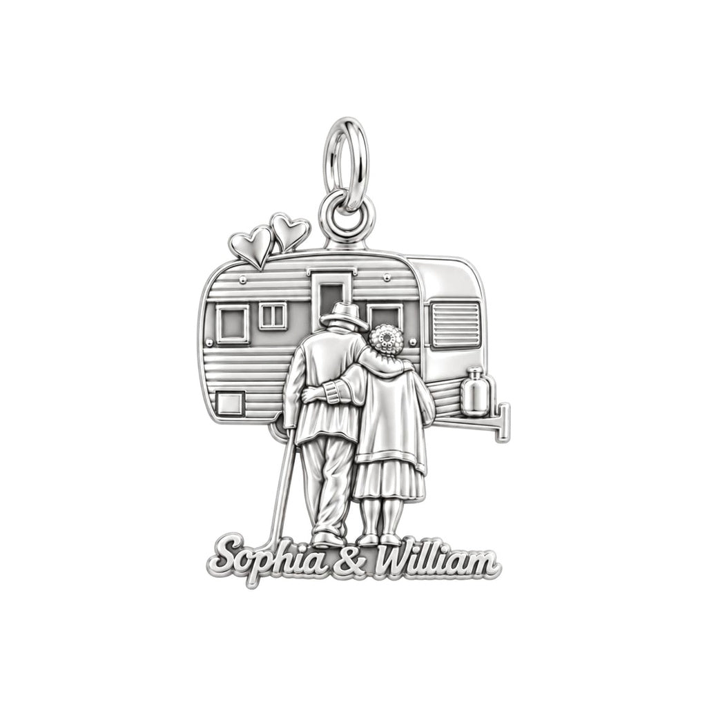 Vintage Camper Love Charm Bracelet – Personalized Couple Gift – silver plated 3 cm charm, front view