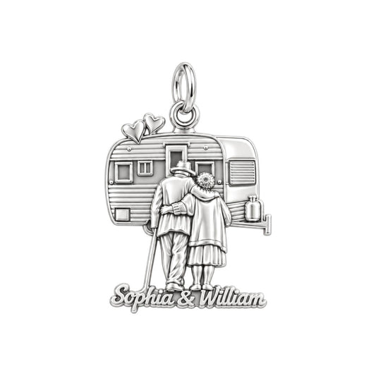Vintage Camper Love Charm Bracelet – Personalized Couple Gift – silver plated 3 cm charm, front view