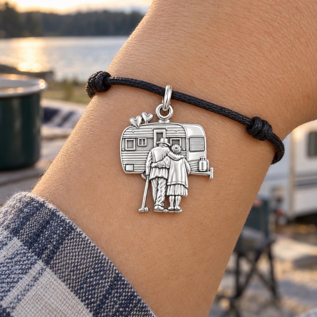 Vintage Camper Love Charm Bracelet – Personalized Couple Gift – worn on the wrist on a black cord bracelet